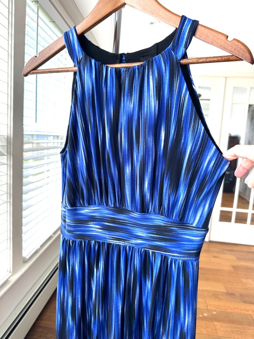 Saks Fifth Avenue “Black” Blue & Black Striped Halter Dress, Maxi, Stretch Knit